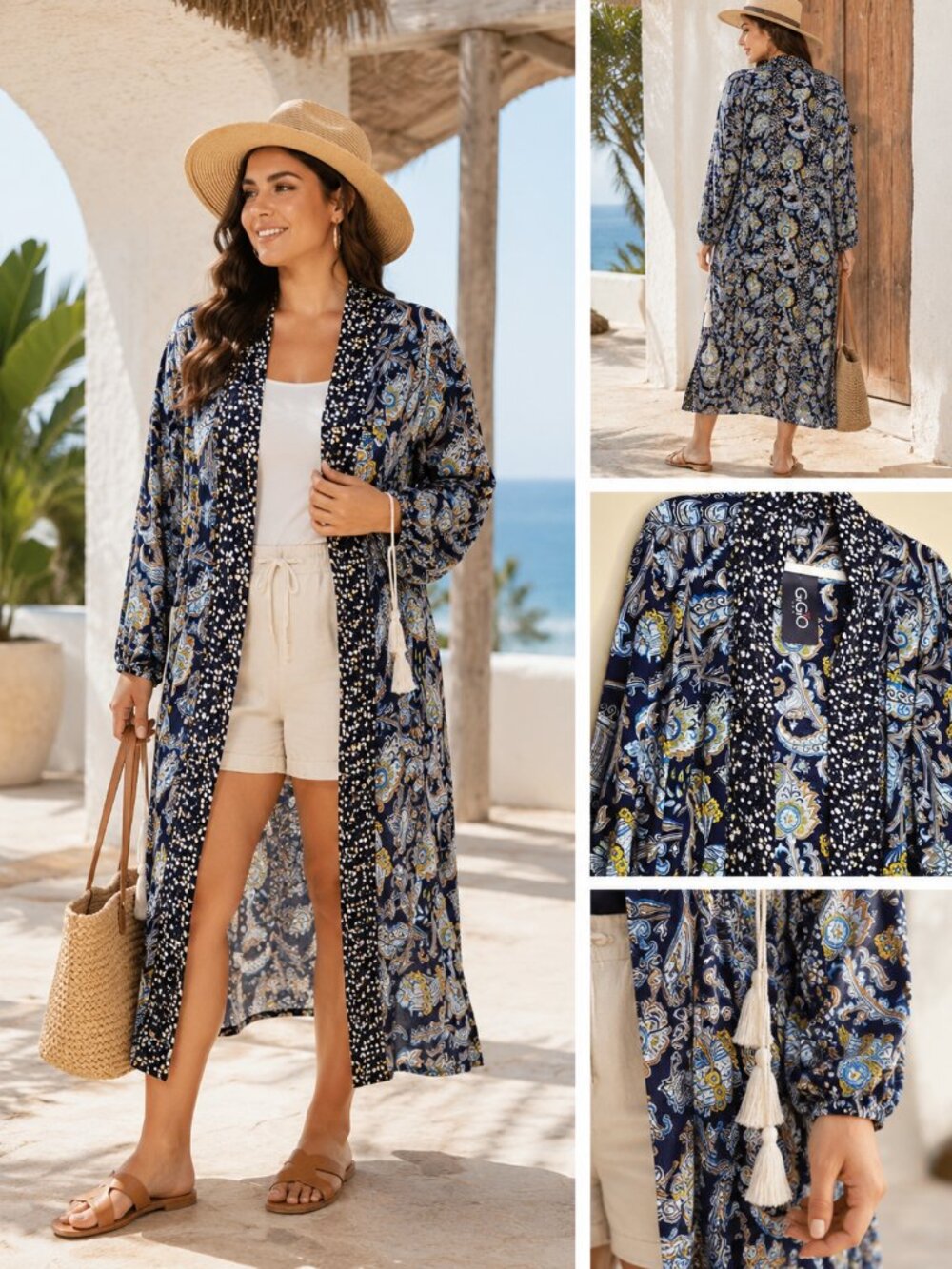 Gigio Womens Medium Boho Blue paisley Duster Kimono Cardigan Festival Flaws